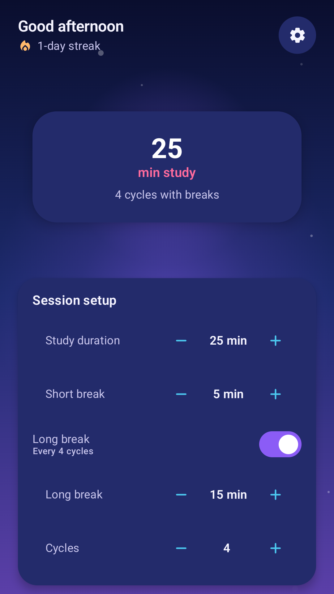 Learning Timer app main screen